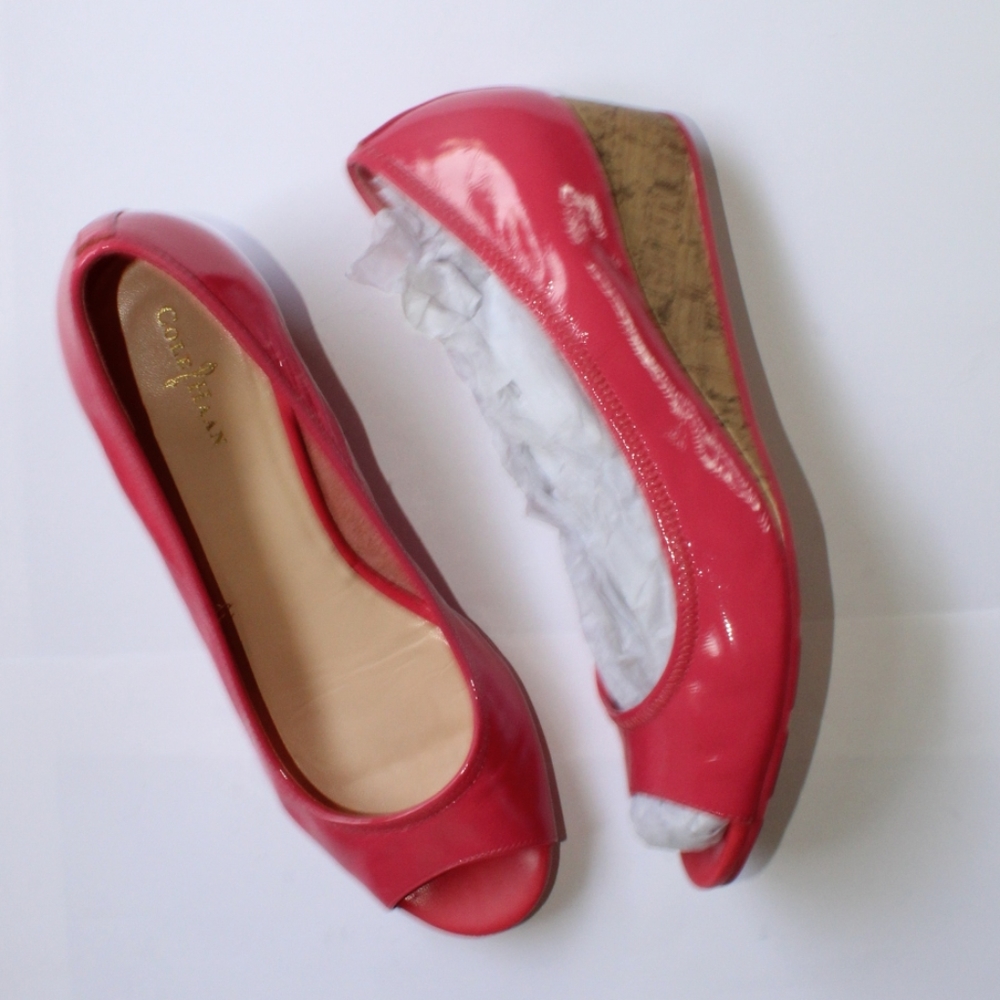 Cole Haan Pink Patent Leather Peep-Toe Wedges with Cork Heel - Picture 3 of 16